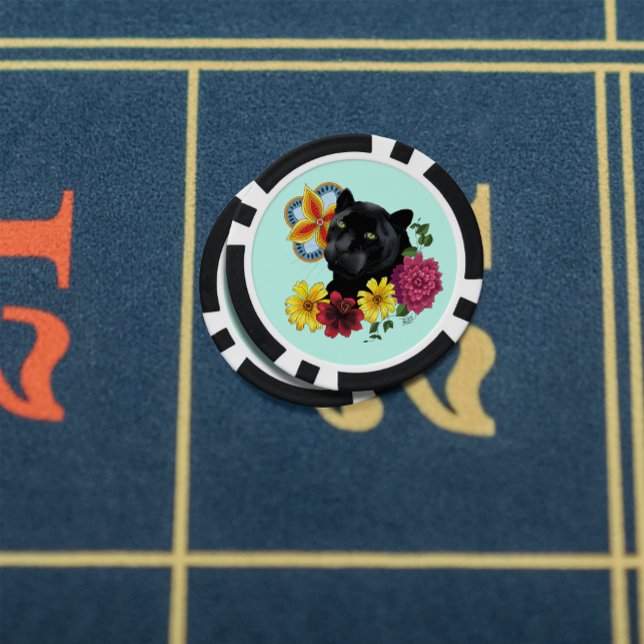 Black Jaguar Portrait Flowers Poker Chips (Creator Uploaded)