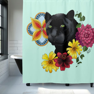 Black Jaguar Portrait Flowers Shower Curtain