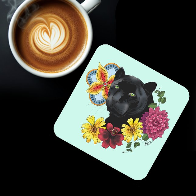 Black Jaguar Portrait Flowers Square Paper Coaster (Creator Uploaded)