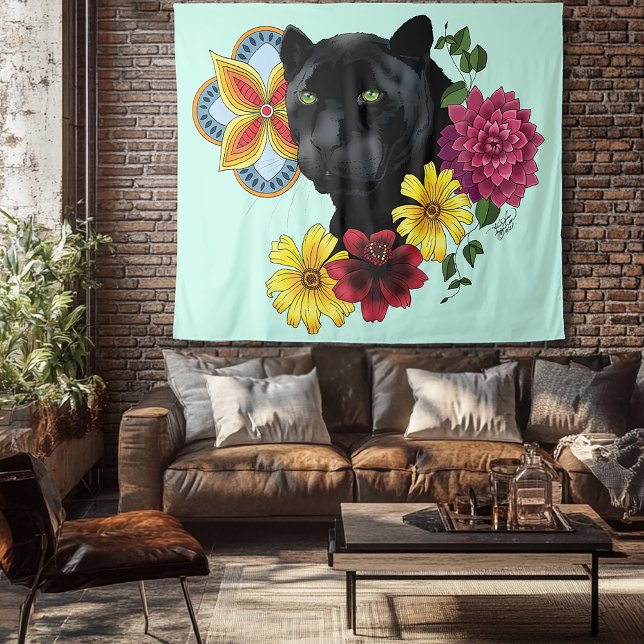 Black Jaguar Portrait Flowers Tapestry (Creator Uploaded)