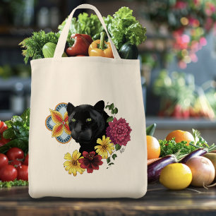 Black Jaguar Portrait Flowers Tote Bag