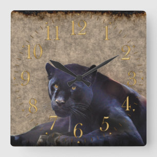 Black Jaguar, Rustic Grunge BG Wildlife Wall Clock