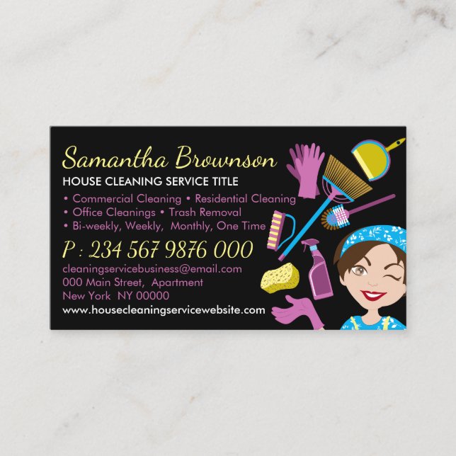 Black Janitorial Lady Girl Cleaning Appointment Business Card (Front)