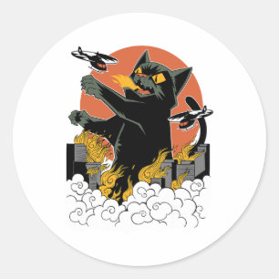 Black Japanese Catzilla Sunset - Clic Fit Classic Round Sticker
