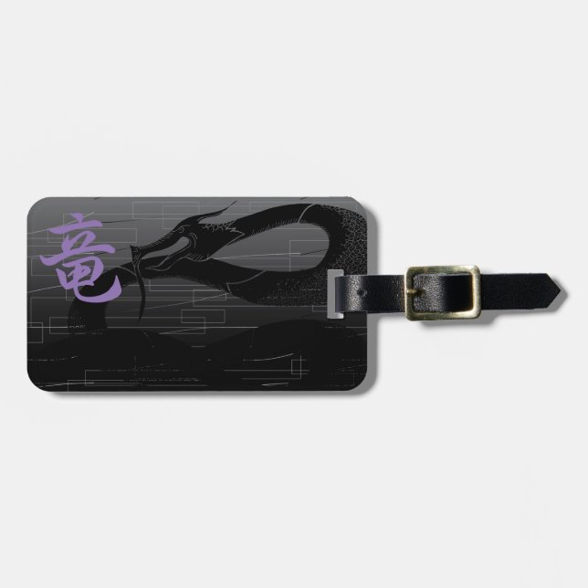 Black Japanese Dragon Grey Background Luggage Tag (Front Horizontal)