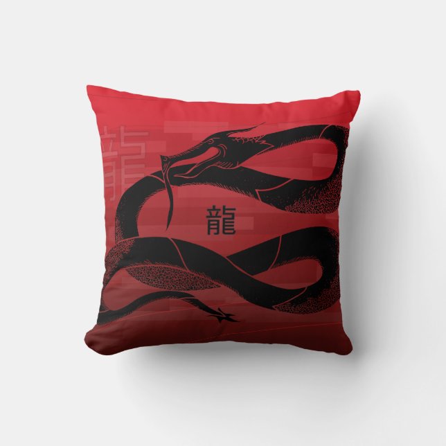 Black Japanese Dragon Red Background Cushion (Front)