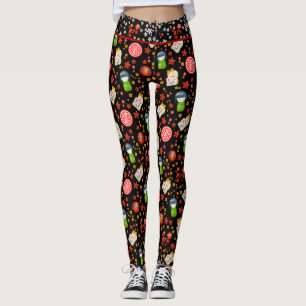 Black Japanese Maneki Neko Cat and Geisha Leggings