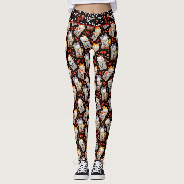 Black Japanese Maneki Neko Cat Waving Cat Leggings (Front)