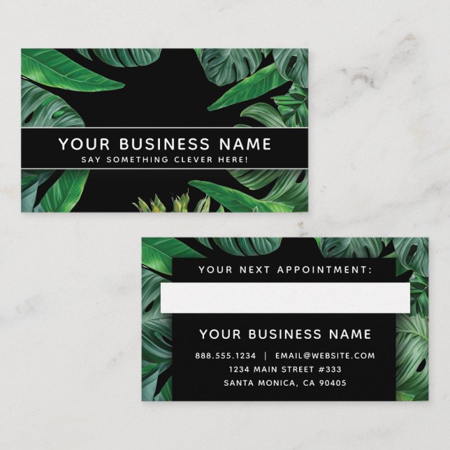 Black Jungle Leaves Modern Elegant Professional Appointment Card (Front/Back)