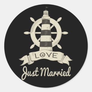 Black Just Married Nautical Tan Lighthouse Wedding Classic Round Sticker