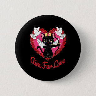 Black Kawaii Cat Cupid With Heart And Rose Aim Fur 6 Cm Round Badge