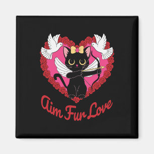 Black Kawaii Cat Cupid With Heart And Rose Aim Fur Magnet