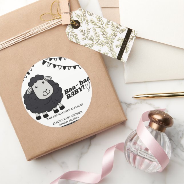 Black Kawaii Little Lamb Baby Shower Classic Round Sticker (Gifting)