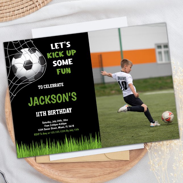 Black kick up some fun Photo Soccer Birthday Invitation (Black kick up some fun Photo Soccer Birthday Invitation)