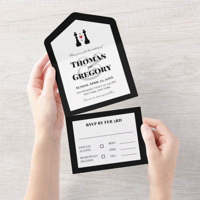 Black King Chess Pieces Gay Wedding All In One Invitation (Tearaway)
