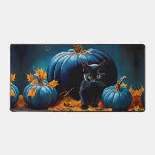 Black Kitten and Blue Moon Pumpkins Autumn Leaves Desk Mat