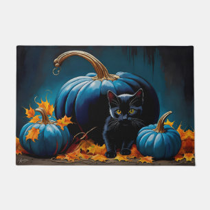 Black Kitten and Blue Moon Pumpkins Autumn Leaves Doormat