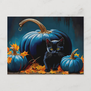 Black Kitten and Blue Moon Pumpkins Autumn Leaves Holiday Postcard