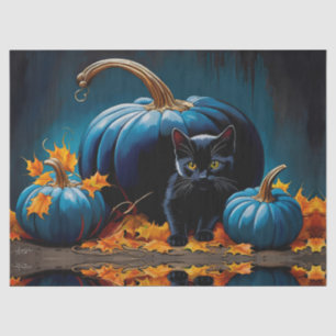 Black Kitten and Blue Moon Pumpkins Autumn Leaves Tissue Paper