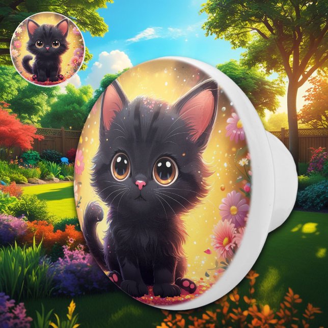 Black Kitten and Flowers Illustration Ceramic Knob (Creator Uploaded)