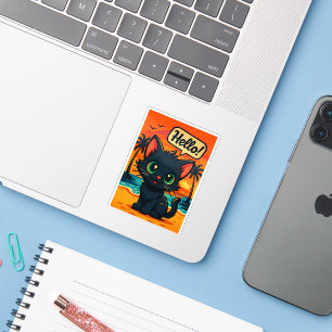 Black Kitten at Sunset Beach – Die-Cut Sticker
