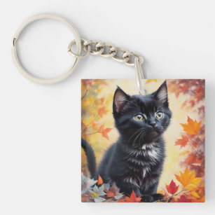 Black Kitten Autumn Scene Flat Card Key Ring