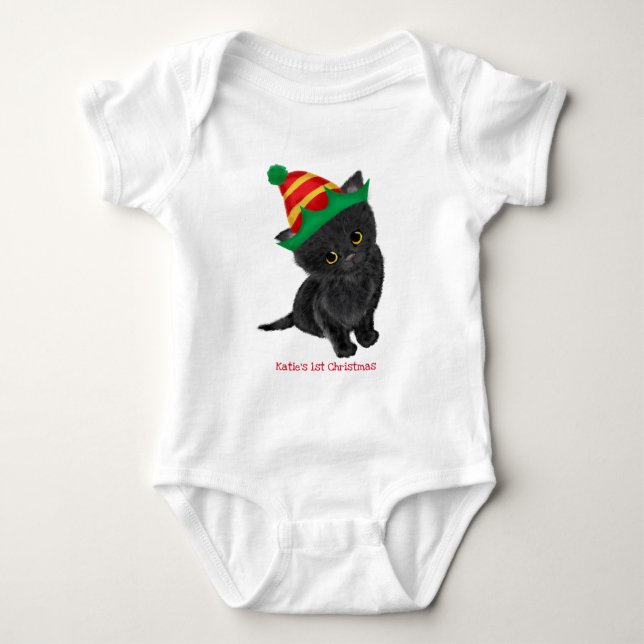 Black kitten baby's 1st Xmas personalized bodysuit (Front)
