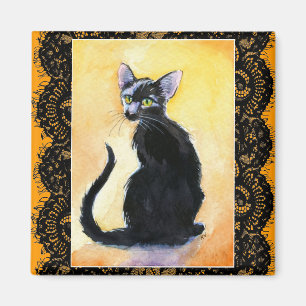 Black kitten cat, lace, orange magnet