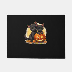Black Kitten Cats Pumpkin Halloween Jack O Lantern Doormat