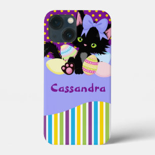 Black Kitten Easter Egg Dots and Stripes    iPhone 13 Mini Case