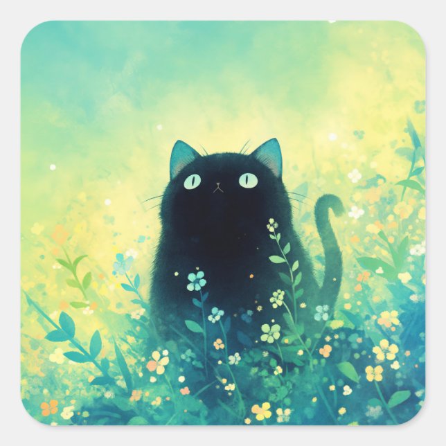 Black Kitten Floral Fantasy Square Sticker (Front)