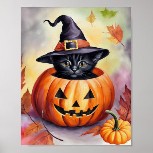 Black Kitten Halloween Pumpkin Witch Hat Poster