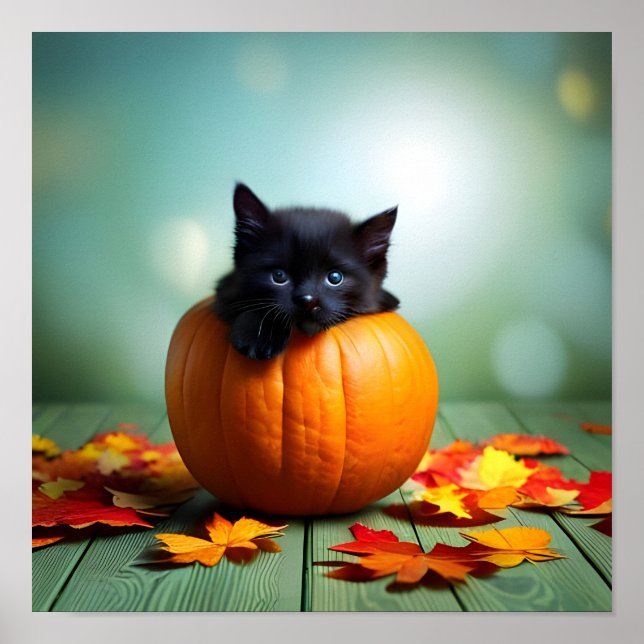 Black Kitten In A Pumpkin Poster (Front)