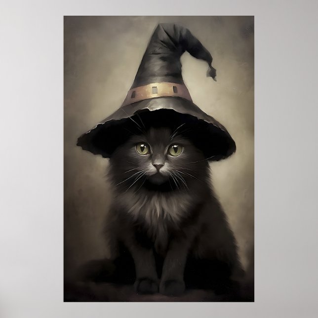 Black kitten in a witch's hat print, halloween cat poster (Front)