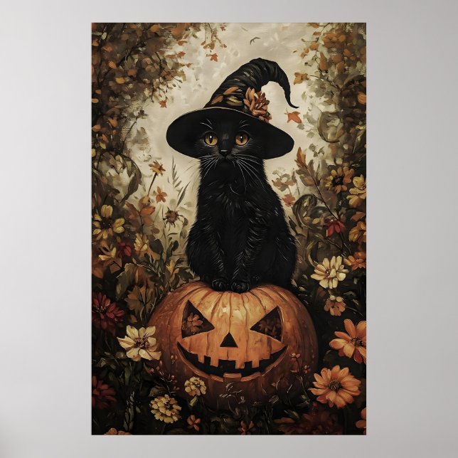 Black Kitten In A Witch's Hat With Pumpkin Print (Front)