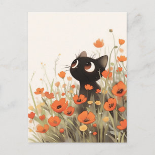Black Kitten in Orange Poppy Wildflower Meadow Postcard