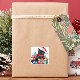 Black Kitten In Santa Hat Merry Christmas Square Sticker