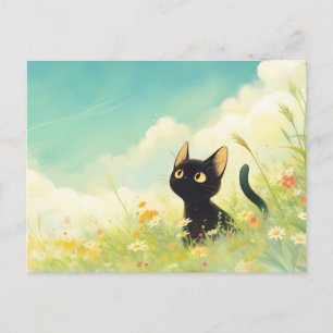 Black Kitten in Sunny Wildflower Summer Meadow Postcard