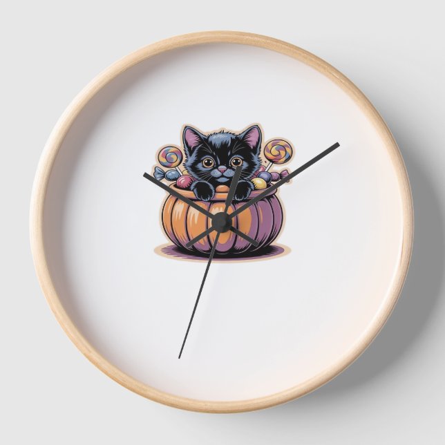 Black Kitten in Treat Bucket Classic T-Shirt Clock (Front)