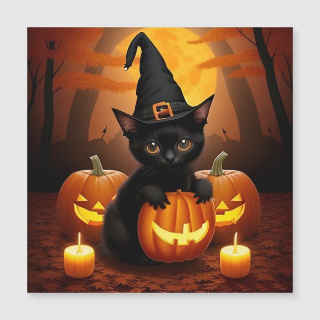 Black Kitten in Witch Hat Amid Halloween Pumpkins (Front)