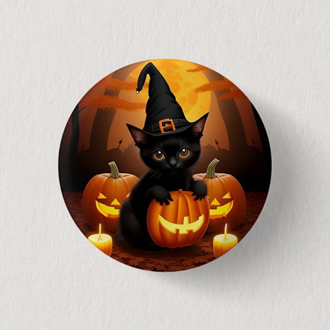 Black Kitten in Witch Hat Amid Halloween Pumpkins 3 Cm Round Badge (Front)