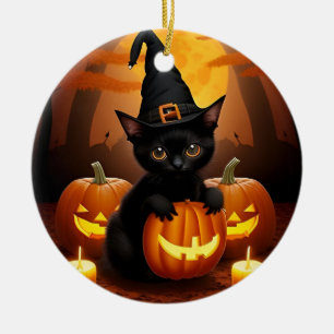 Black Kitten in Witch Hat Amid Halloween Pumpkins Ceramic Ornament
