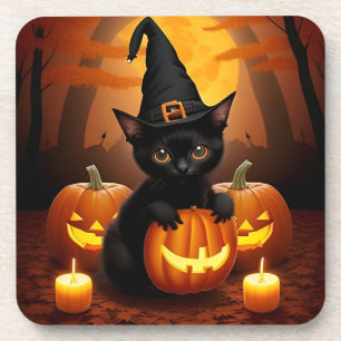 Black Kitten in Witch Hat Amid Halloween Pumpkins Coaster