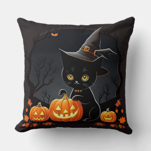 Black Kitten in Witch Hat Amid Halloween Pumpkins Cushion
