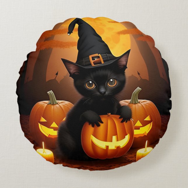 Black Kitten in Witch Hat Amid Halloween Pumpkins Round Cushion (Front)