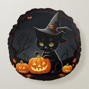 Black Kitten in Witch Hat Amid Halloween Pumpkins Round Cushion