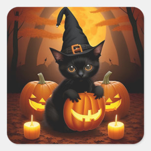 Black Kitten in Witch Hat Amid Halloween Pumpkins Square Sticker