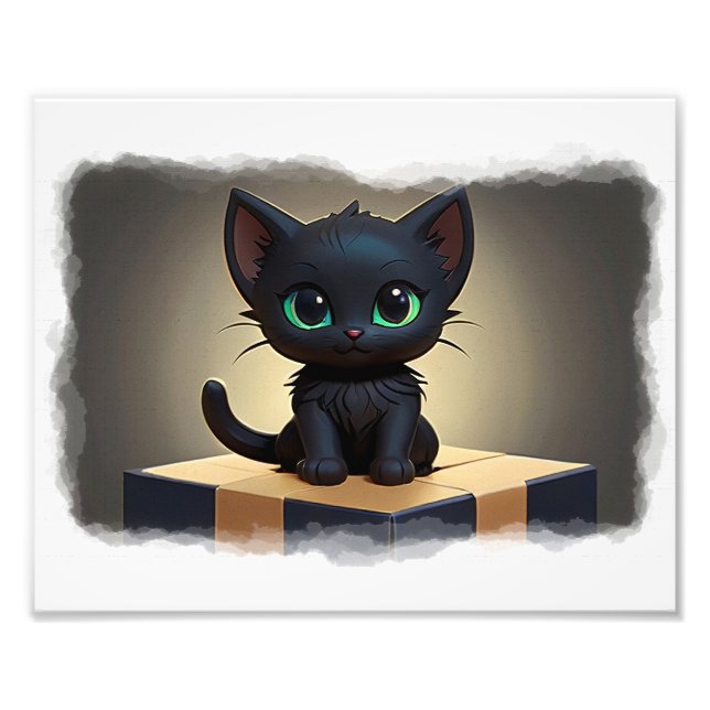 Black Kitten on a Box Cartoon Art Photo Print (Front)