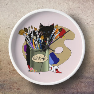 Black Kitten Paint Brush Jar Artist Cat Pink Clock