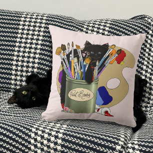 Black Kitten Paint Brush Jar Artist Cat Pink Cushion